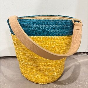 Yellow & Teal Woven Straw Bucket Bag with Genuine Leather Strap